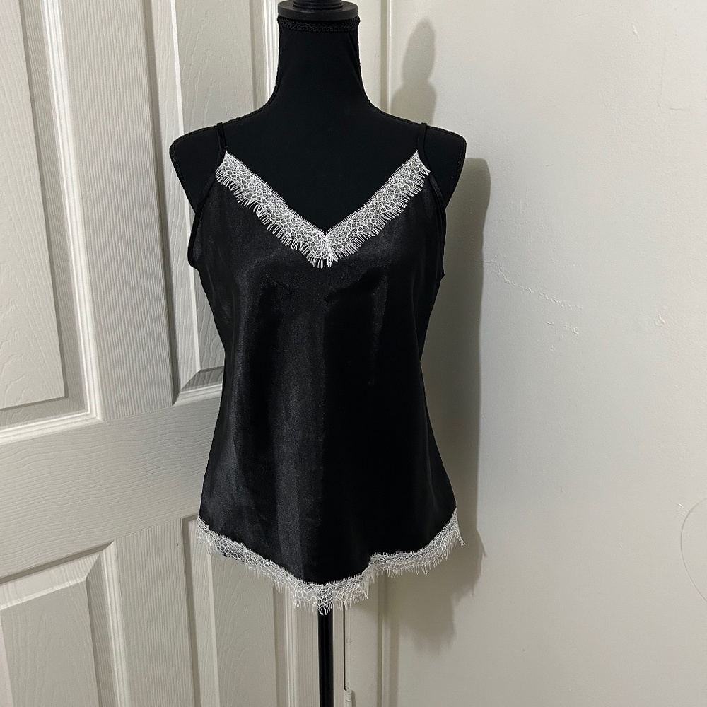 Nicole Miller Sexy Black V Neck Slip Tank Top With White Lace Trim Size Large